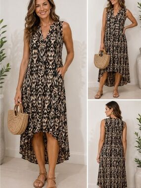 Sleeveless V-Neck High-Low Maxi Dress in Black & Tan Ikat by